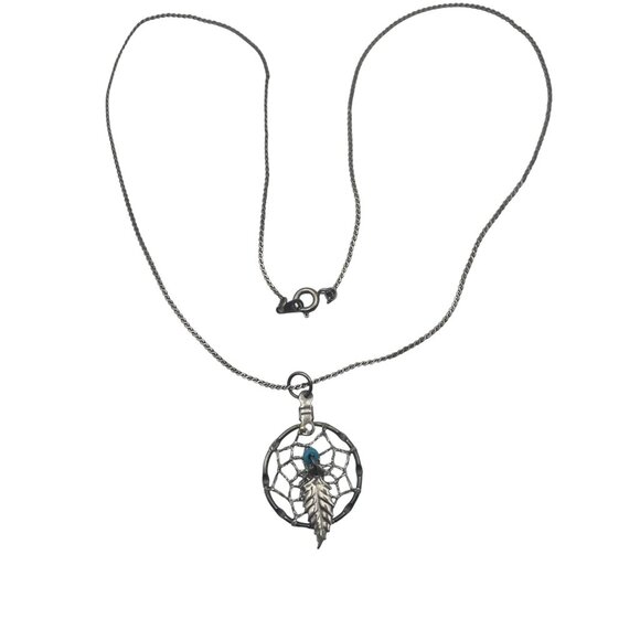 Vintage Sterling Silver Dreamcatcher Pendant Necklace 18" Feather Boho Western - Picture 7 of 10